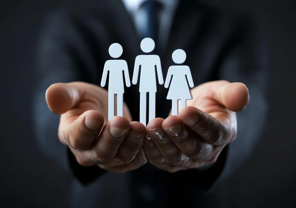 Close-up of hands in a suit holding three white stick figures, symbolizing teamwork and diversity on a dark background.